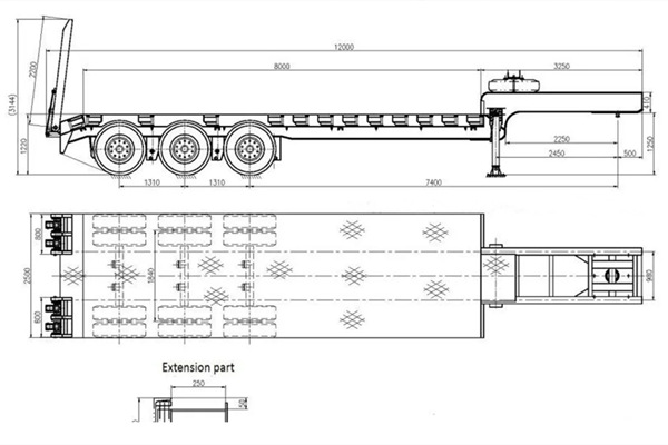 3 axles lowboy loader trailers drawing